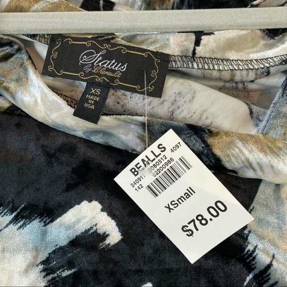 NWT Status by Chenault Asymmetrical Top Black Taupe White Velvet XS Stretch - Picture 2 of 7